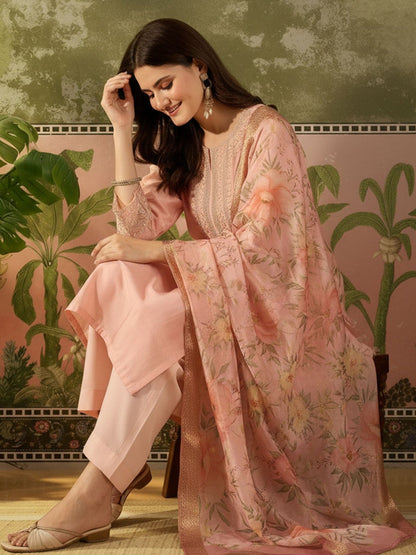 Embroidered Round Neck Kurta & Trousers With Dupatta