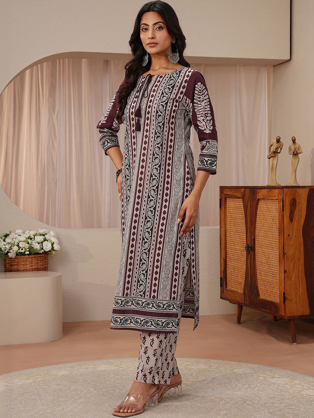 Maroon Ethnic Printed Cotton Straight Suit Set