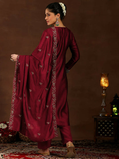 Women's LB Maroon Embroidered Silk Blend Straight Suit With Dupatta