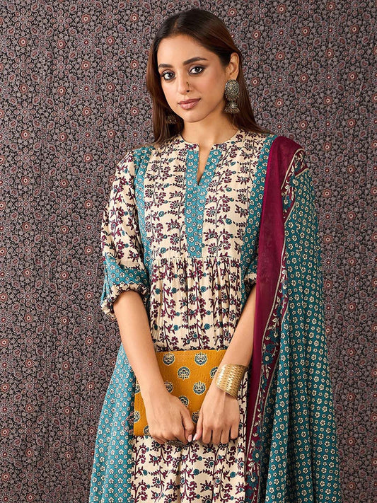 Floral Printed Mandarin Collar Pure Cotton A-Line Kurta & Trousers With Dupatta