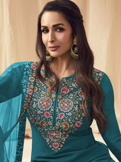 Dhiyona IN Turquoise Blue Floral Embroidered Notch Neck Georgette Kurti with Palazzo & Dupatta