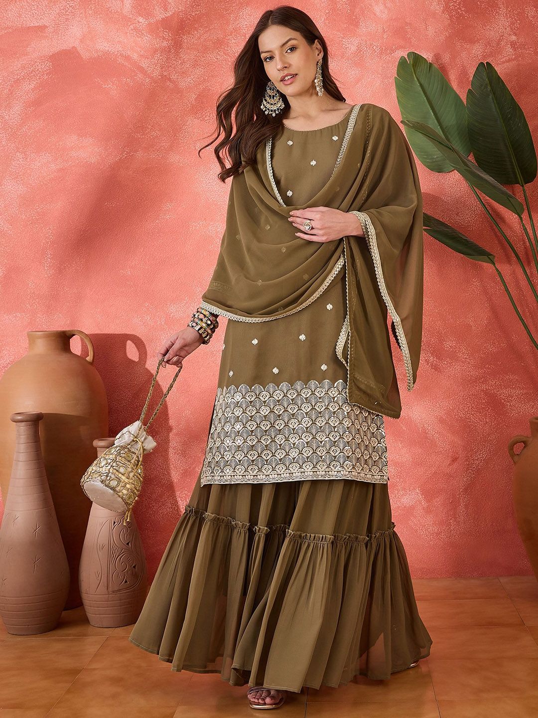 Dhiyona SN Ethnic Motifs Embroidered Straight Kurta & Sharara With Dupatta