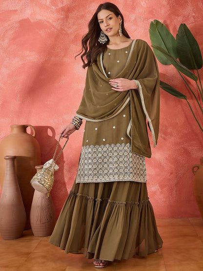 Dhiyona SN Ethnic Motifs Embroidered Straight Kurta & Sharara With Dupatta