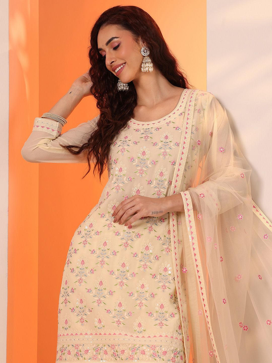 Dhiyona LL Women Floral Embroidered Kurta with Sharara & Dupatta