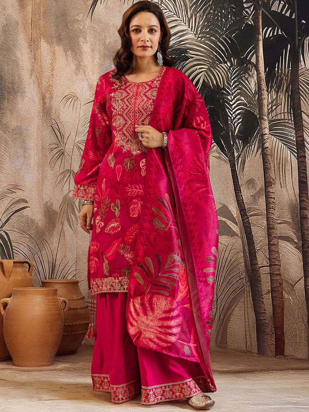 Dhiyona SN Floral Printed & Embroidered Straight Kurta & Sharara With Dupatta