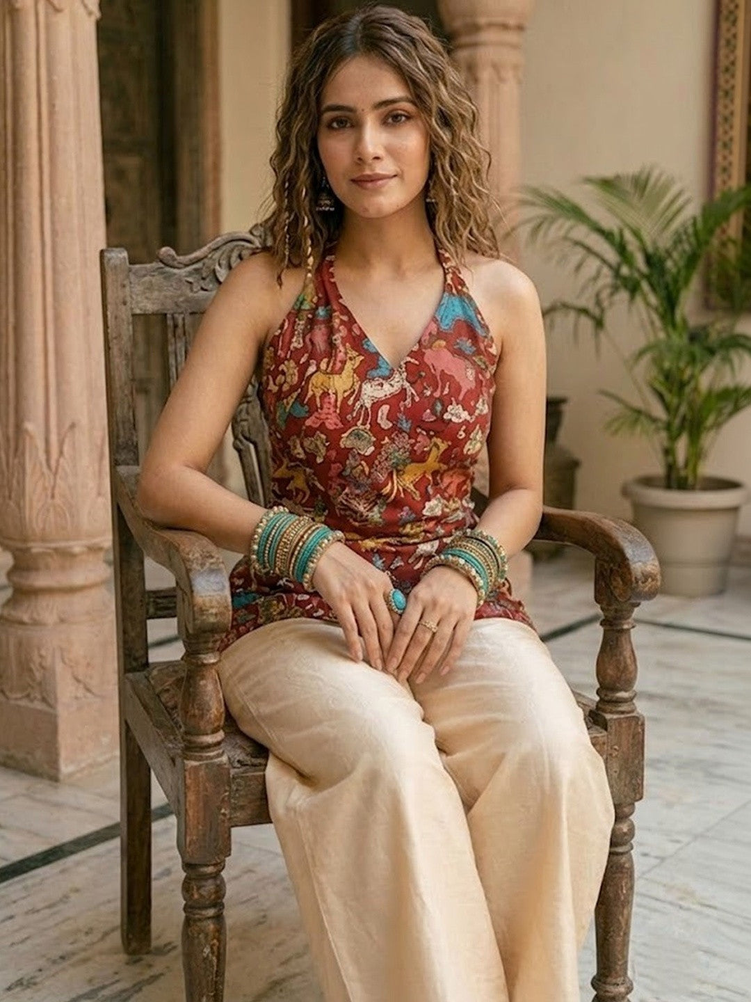 Printed Pure Cotton Halter Neck Kurti & Palazzos