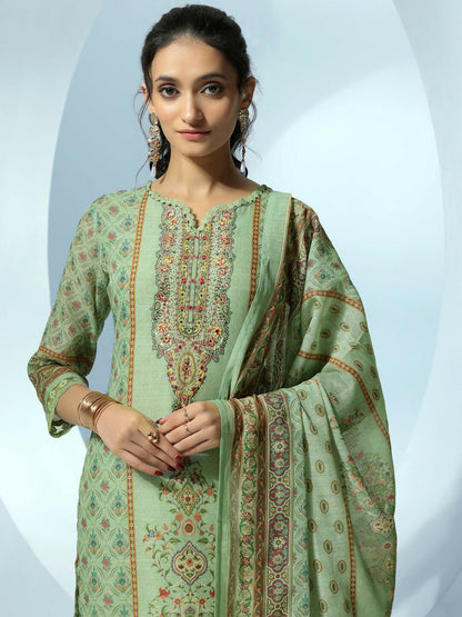 Women's LB Green Printed Linen Straight Suit With Dupatta