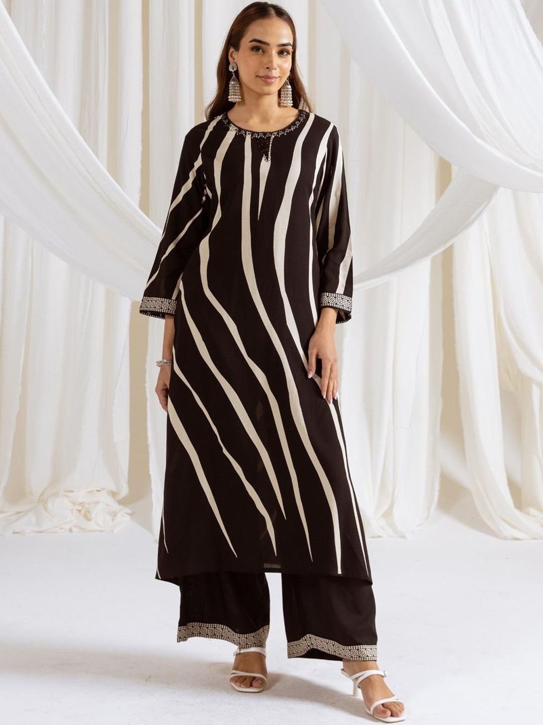 Women Striped Printed Beads and Stones Kurta with Palazzos