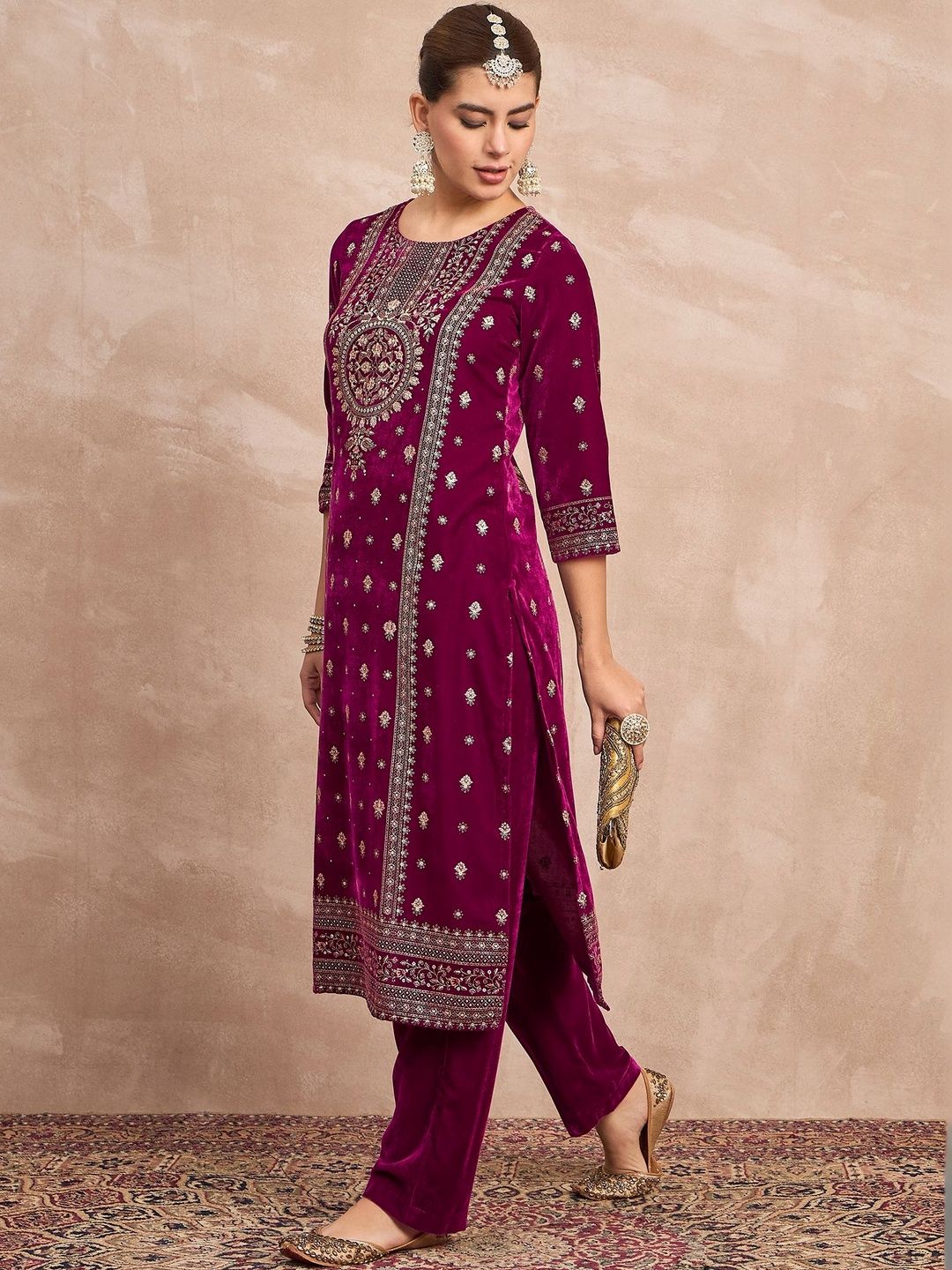 Purple Women Ethnic Motifs Embroidered Regular Thread Work Velvet Kurta with Trousers
