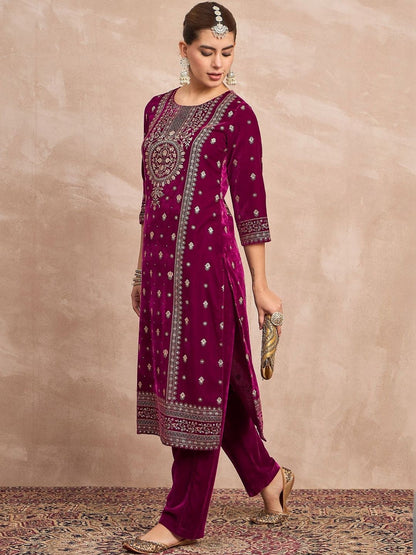 Purple Women Ethnic Motifs Embroidered Regular Thread Work Velvet Kurta with Trousers