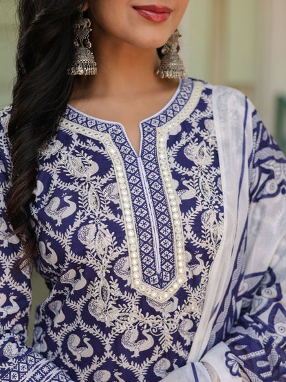 Dhiyona RR Women's Printed Pure Cotton Kurta with Trousers & With Dupatta