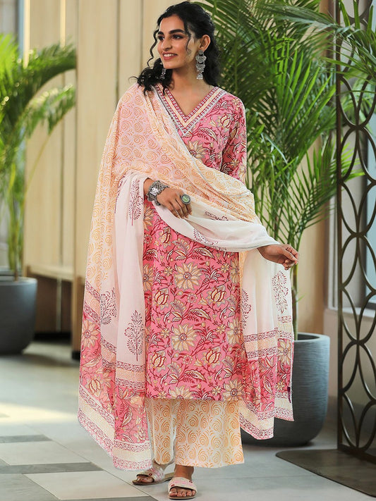 Floral Printed Straight Thread Work Kurta With Palazzos & Dupatta