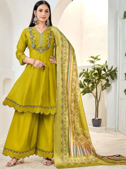 Dhiyona KL Women Ethnic Motifs Embroidered Panelled Thread Work Pure Silk Kurta with Sharara & With Dupatta