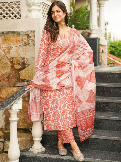 Dhiyona KL Floral Printed Notch Neck Straight Kurta & Trousers With Dupatta