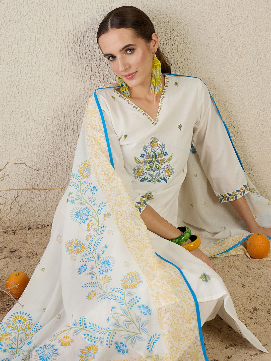 Dhiyona IE Women Floral Embroidered Cotton Kurta with Trousers & Dupatta