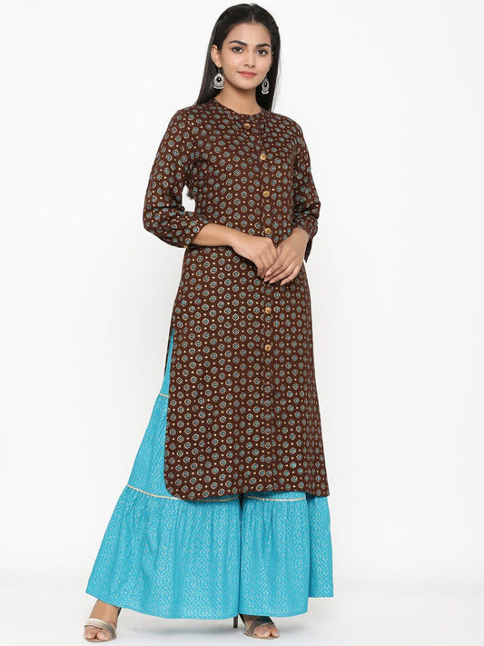 Dhiyona AN Brown Floral Printed Straight Kurta with Sharara