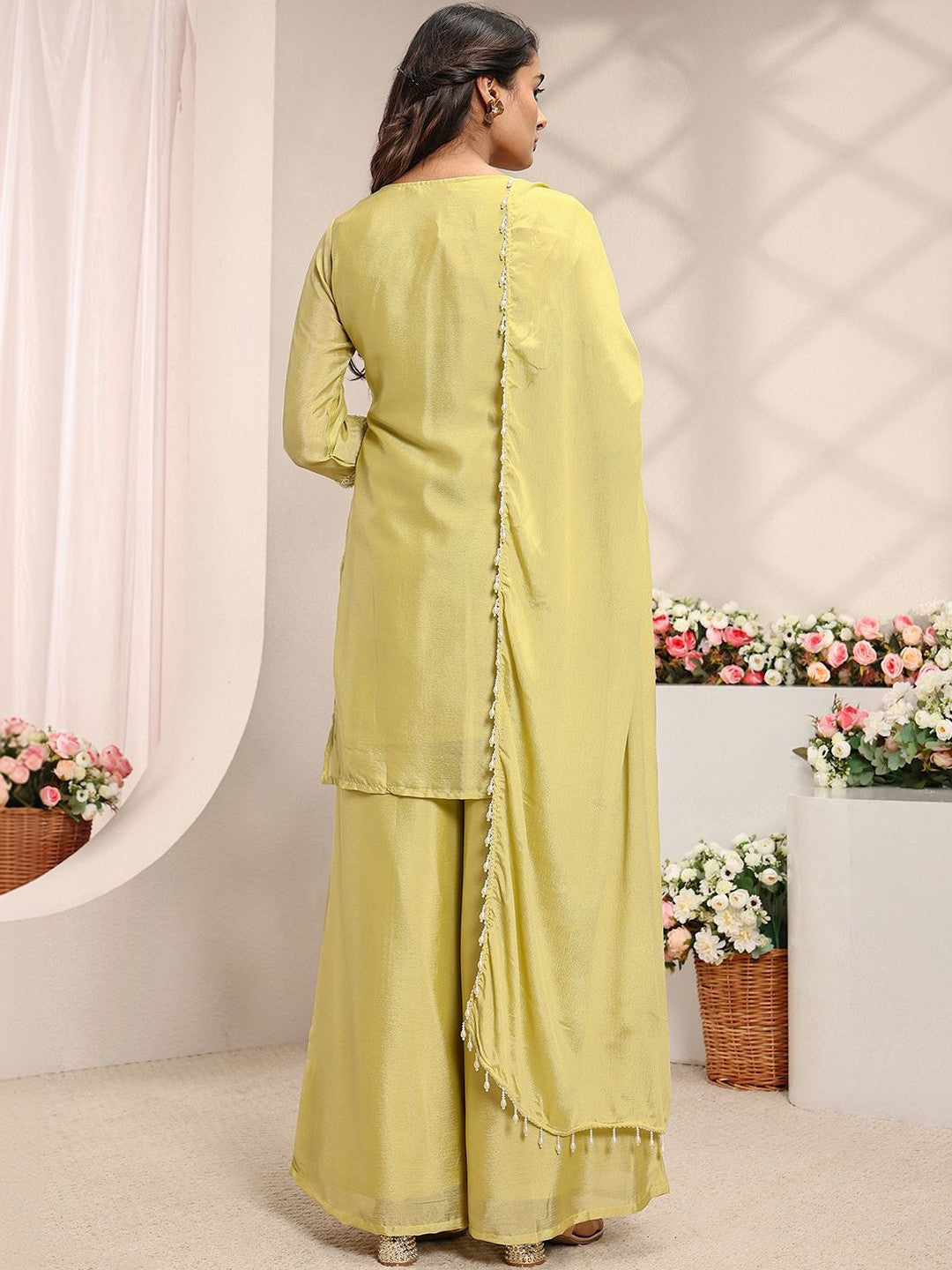 Yellow Floral Embellished Chinon Straight Suit Set with Dupatta