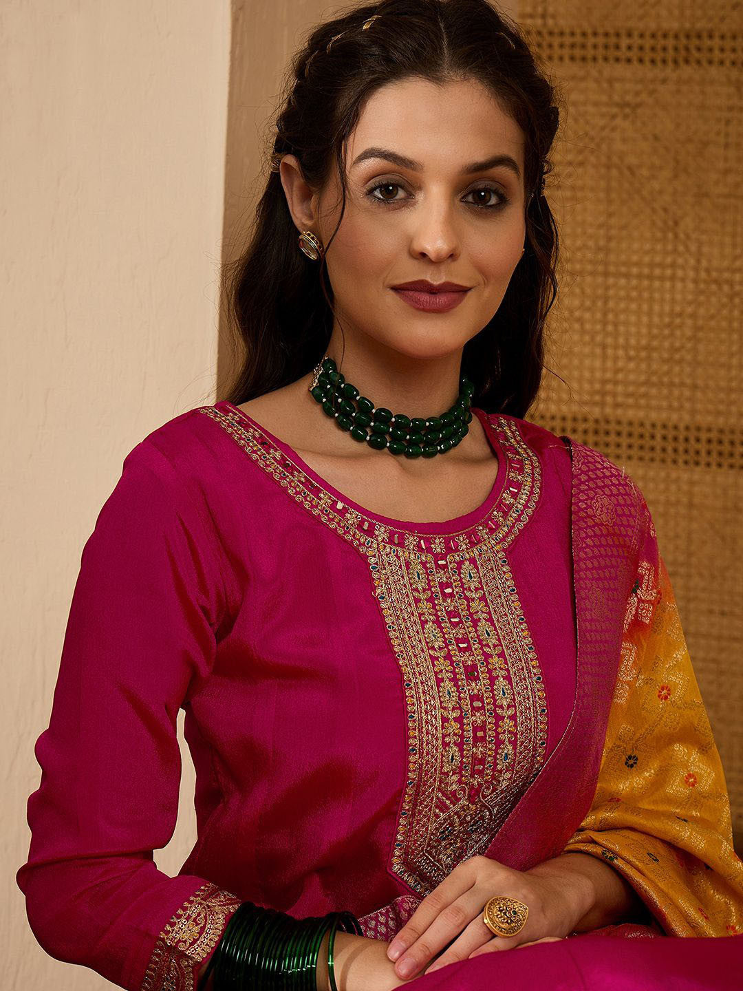 Women Floral Embroidered A-Line Kurta with Trousers & Dupatta