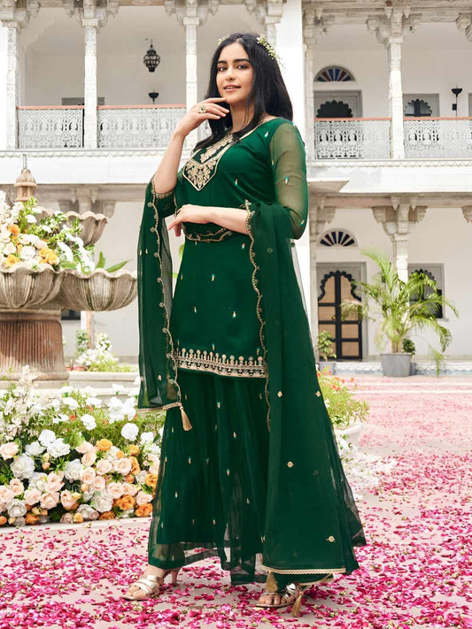 Dhiyona CH Georgette Embroidered Kurta with Plazzo and Dupatta