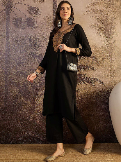 Pashmina Qazmi Winter Black Kashmiri Aari Embroidery work Kurta set