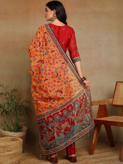 Women Ethnic Motifs Printed Regular Thread Work Chanderi Cotton Kurta with Trousers & With Dupatta