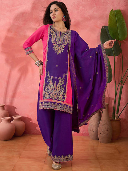 Women Zari Sequence Embroidered Straight Kurta & Trousers With Dupatta