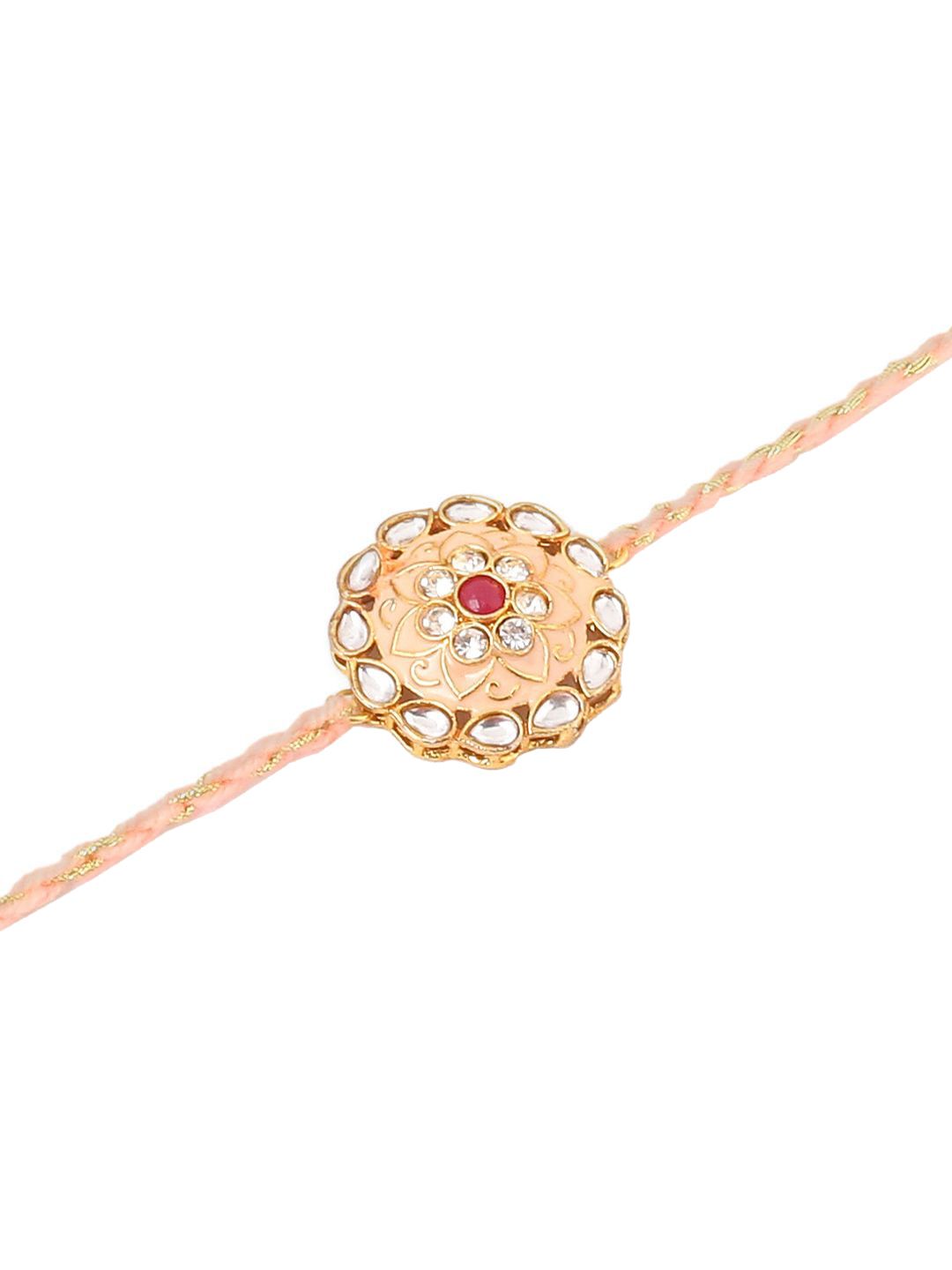 Dhiyona Kundan Studded Floral Bhaiya Bhabhi Rakhis With Roli Chawal Chandan & Mishri