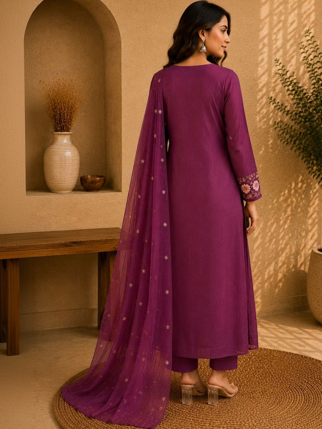 Women Floral Embroidered Empire Thread Work Pure Cotton Kurta with Trousers & With Dupatta