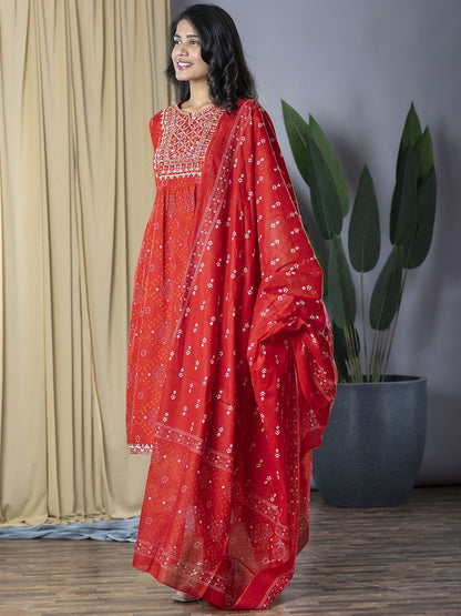 Dhiyona KL Bandhani Printed Thread Work Pure Cotton Kurta With Trousers & Dupatta