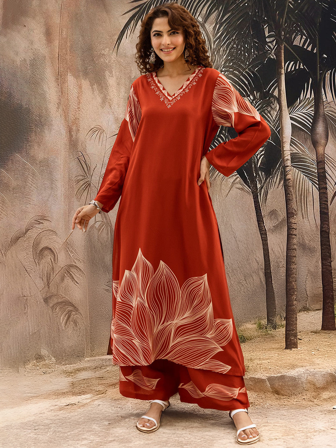 Printed With Embroidered Ethnic Kurta With Palazzos Set