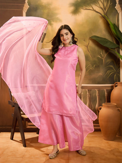 Boat Neck Sleeveless Organza Straight Kurta With Sharara & Dupatta