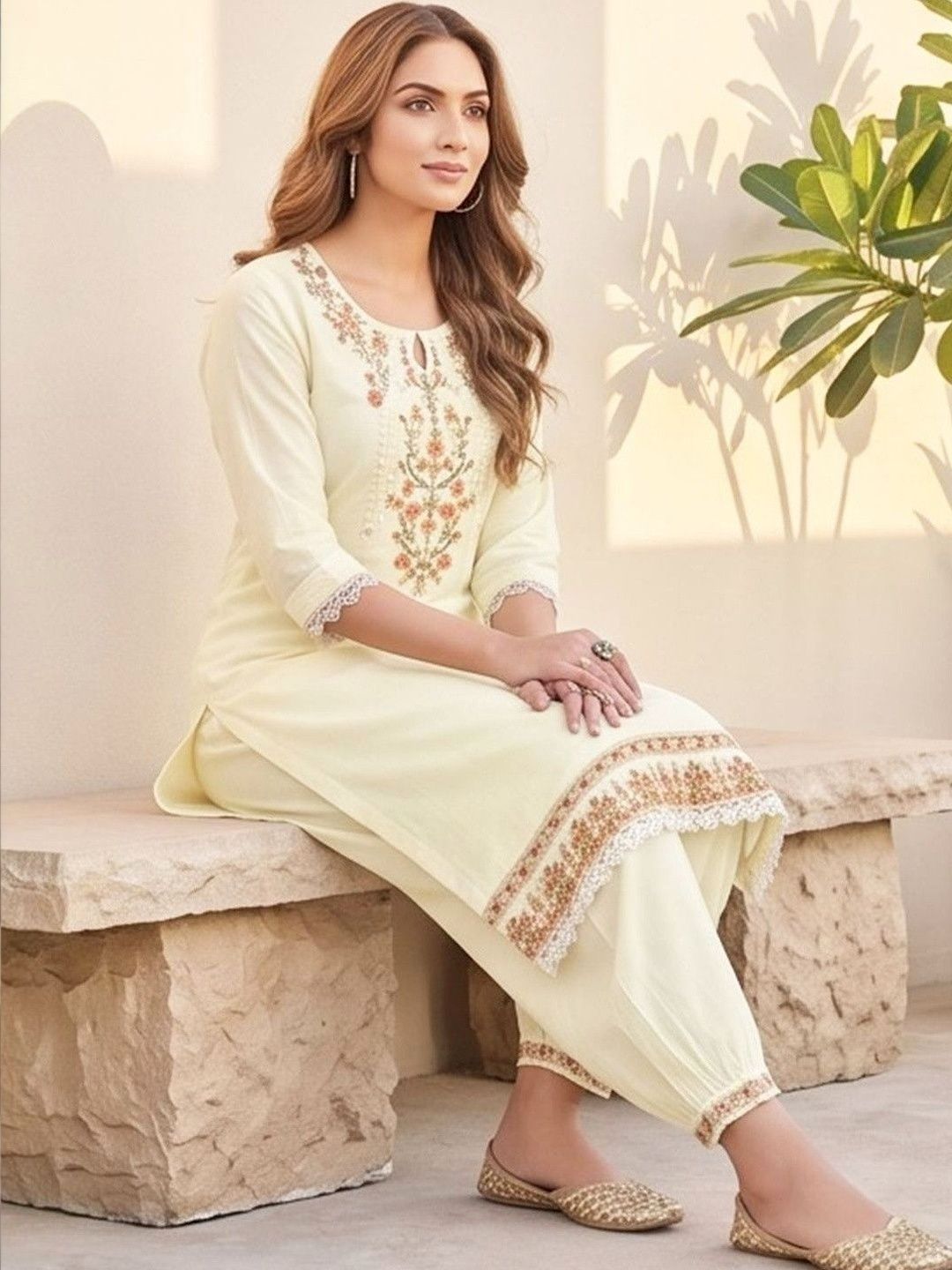 Cream Women Floral Embroidered Regular Thread Work Kurta with Patiala & With Dupatta