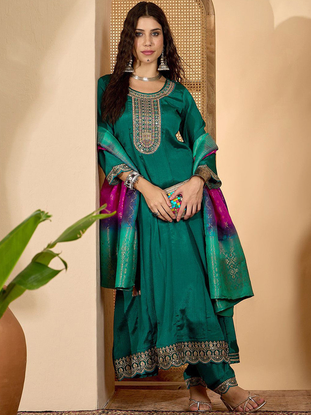 Zari Sequence Embroidered A-Line Kurta Trousers With Dupatta