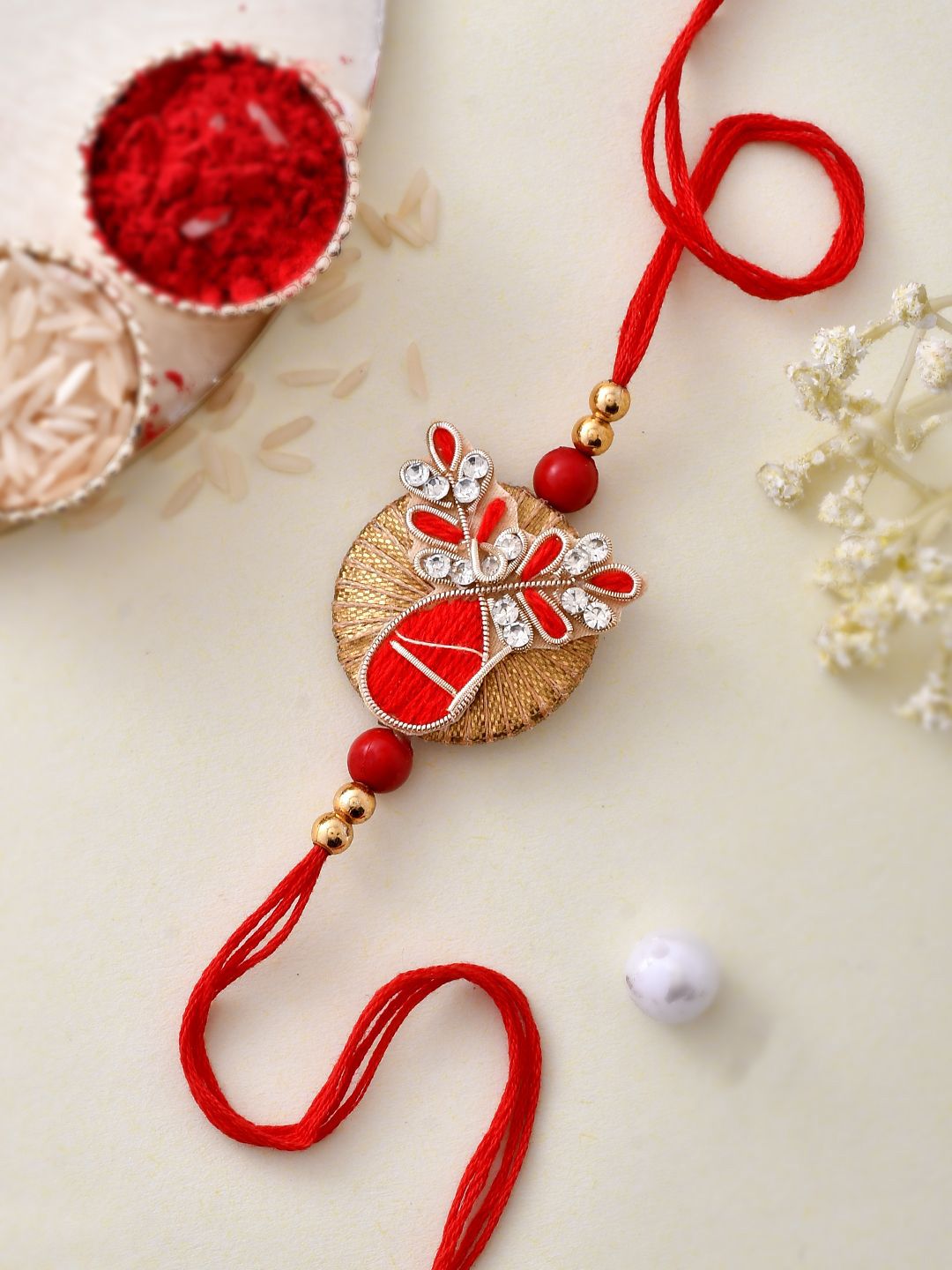 Dhiyona Red Beaded Rakhi With Roli Chawal & Greeting Card