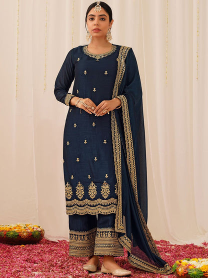 Dhiyona KL Ethnic Motifs Embroidered Sequinned Straight Kurta with Palazzo & Dupatta