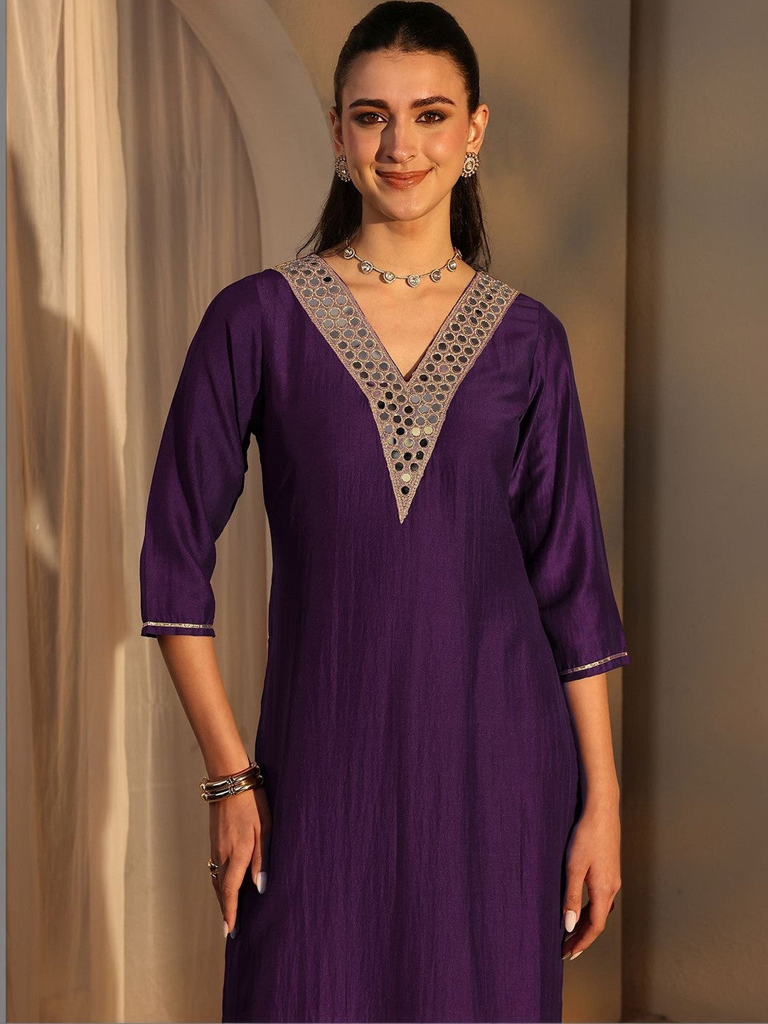Purple Mirror Work Yoke Design Straight Kurta Set