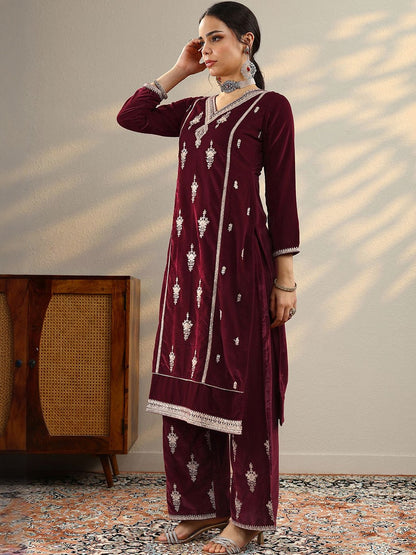 Women Ethnic Motifs Embroidered Regular Velvet Kurta with Trousers & Dupatta
