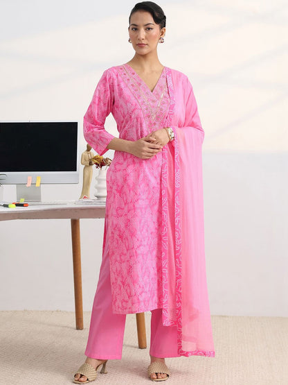 Libas Pink Bandhani Print Straight Suit Set with Dupatta