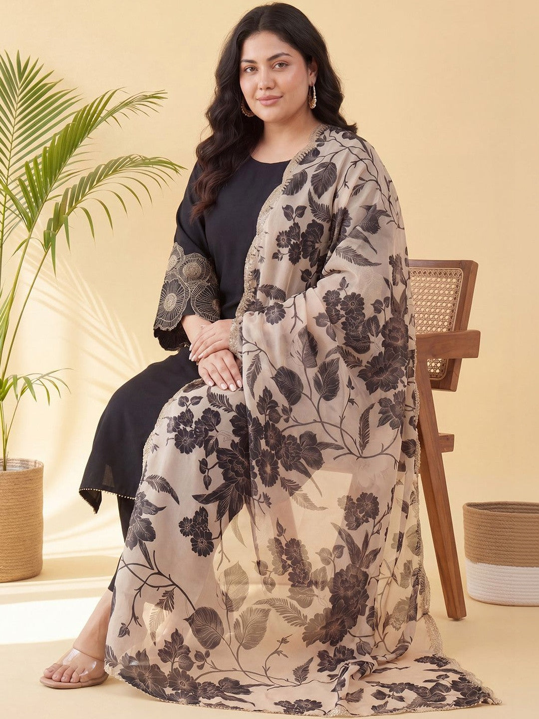 Plus Size Black Embroidered Straight Kurta Trousers With Dupatta Set