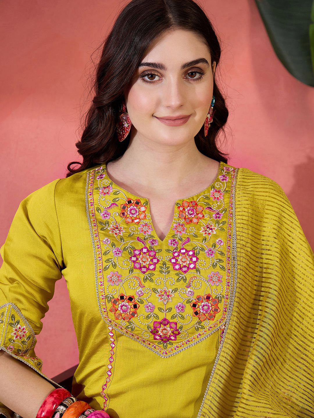 Floral Yoke Design Mirror Work Straight Kurta With Trousers & Dupatta