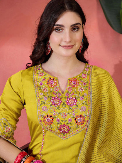 Floral Yoke Design Mirror Work Straight Kurta With Trousers & Dupatta