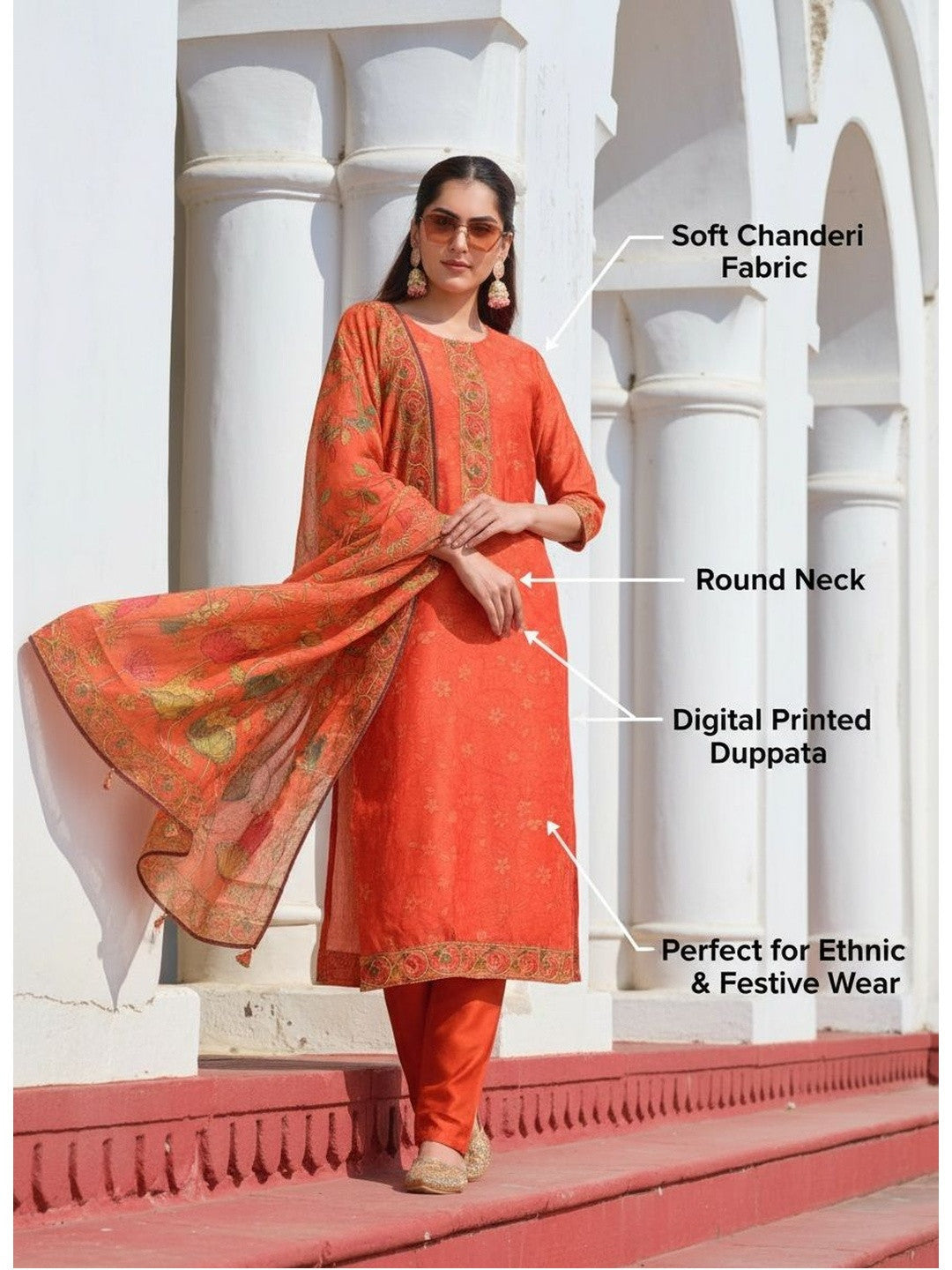 Floral Printed Round Neck Straight Kurta & Trousers With Dupattta