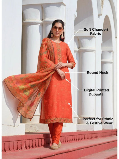 Floral Printed Round Neck Straight Kurta & Trousers With Dupattta