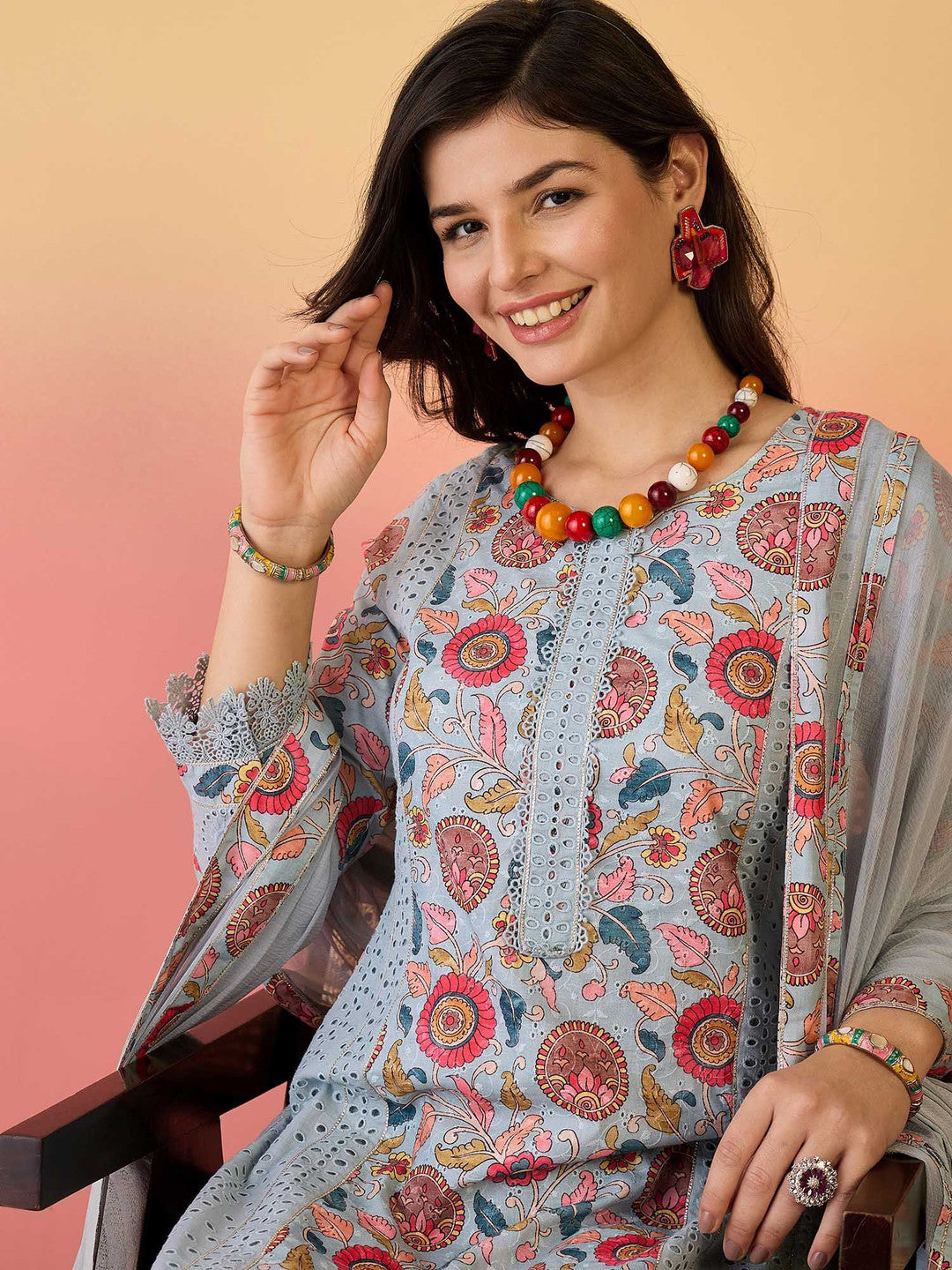 Floral Printed Pure Cotton Kurta & Trousers With Dupatta