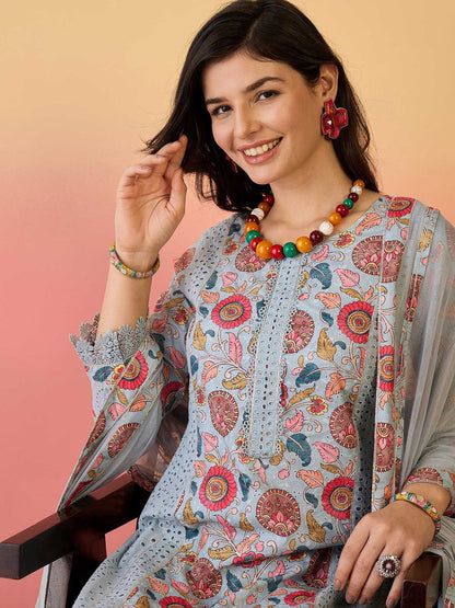Floral Printed Pure Cotton Kurta & Trousers With Dupatta