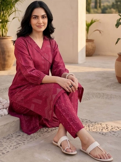 Maroon Women Ethnic Motifs Printed Angrakha Thread Work Chanderi Silk Kurta with Trousers