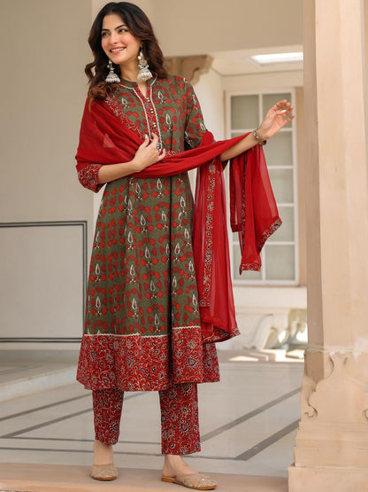 Dhiyona RR Women's Ethnic Motifs Printed Regular Pure Cotton Kurta with Trousers & With Dupatta