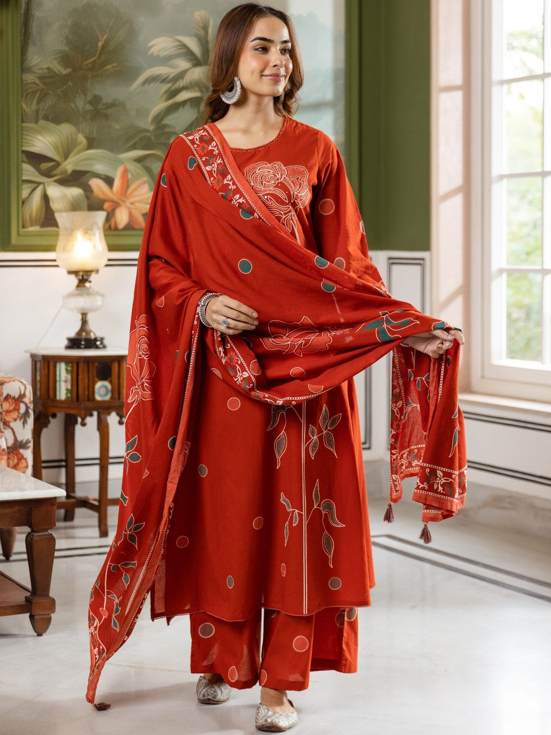 Printed Pure Cotton Straight Kurta With Palazzo & Dupatta