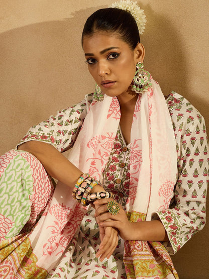 Floral Printed Straight Pure Cotton Kurta with Trousers & Dupatta