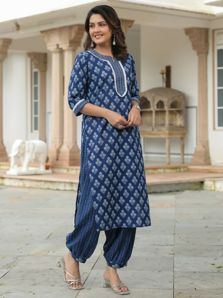 Women's Straight Soft Cotton Floral Print Women's Kurta Set - Blue
